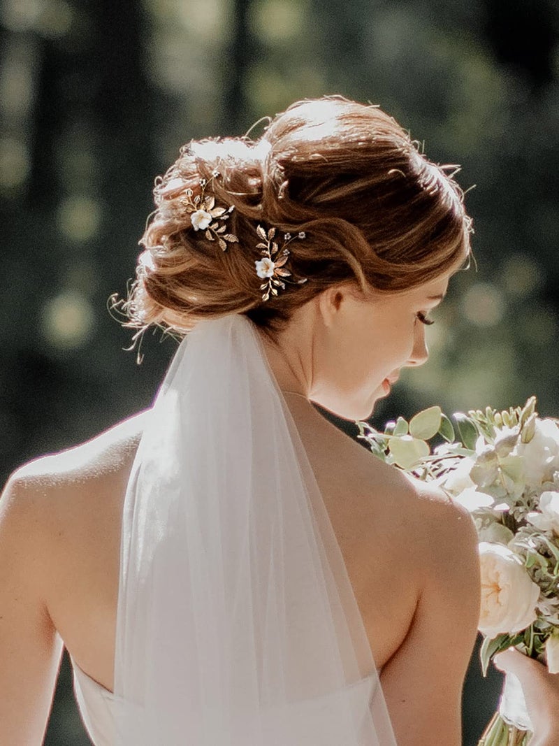 SWEETV 2Pcs Bridal Hair Accessories,Gold Wedding Hair Pins Pieces With White Flowers for Brides - Image 3